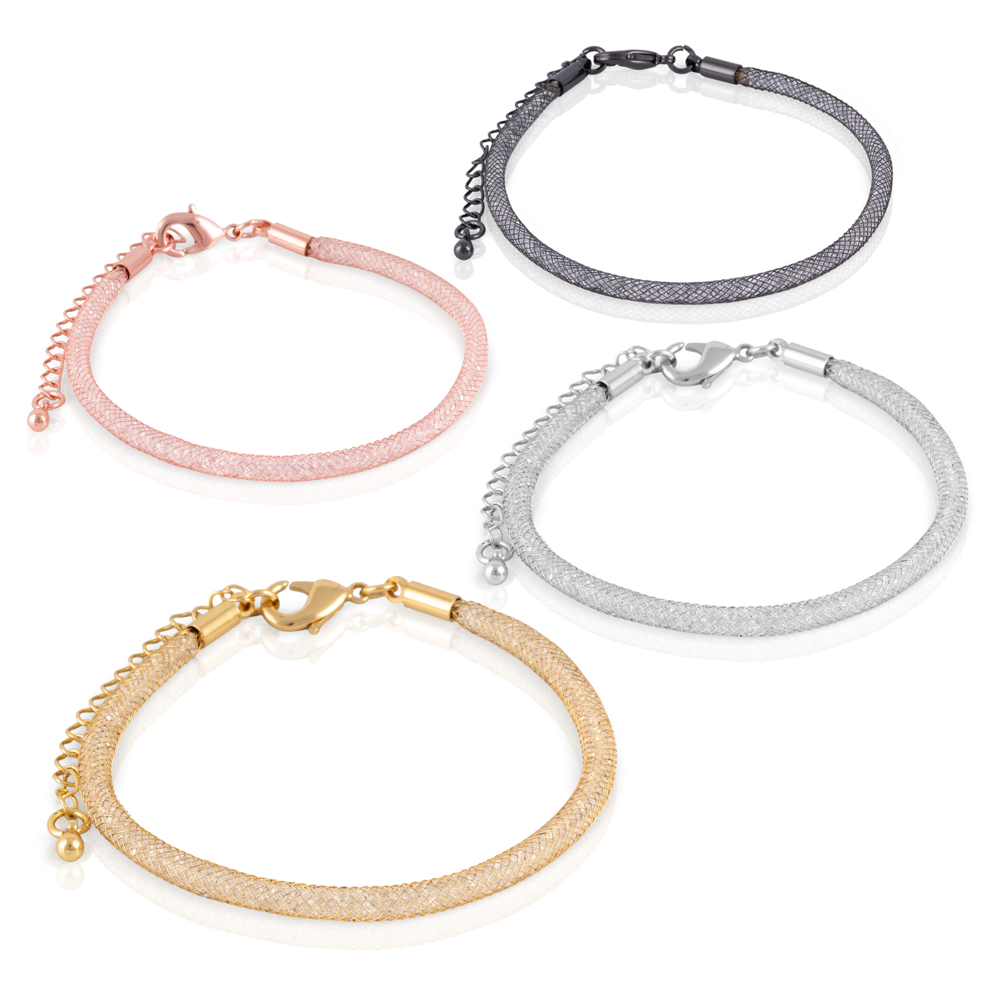 Pack de 4 pulseras de malla de cobre con relleno de cristal brillante y cierre de mosquetón de cobre.