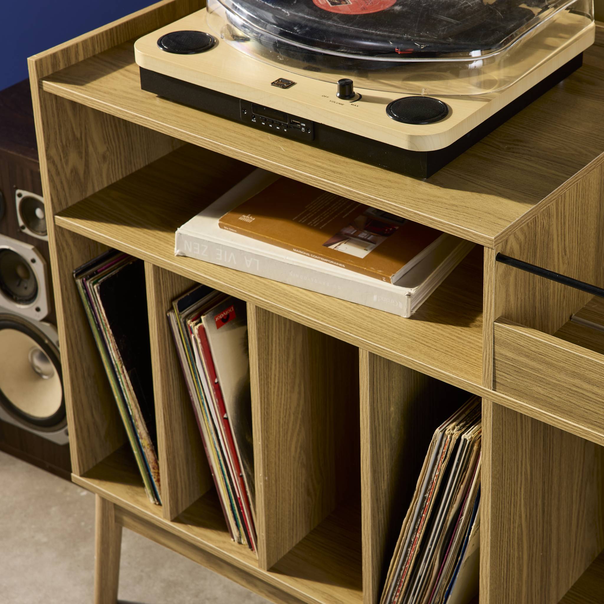 Meuble vinyle vintage décor bois 100cm DUNE