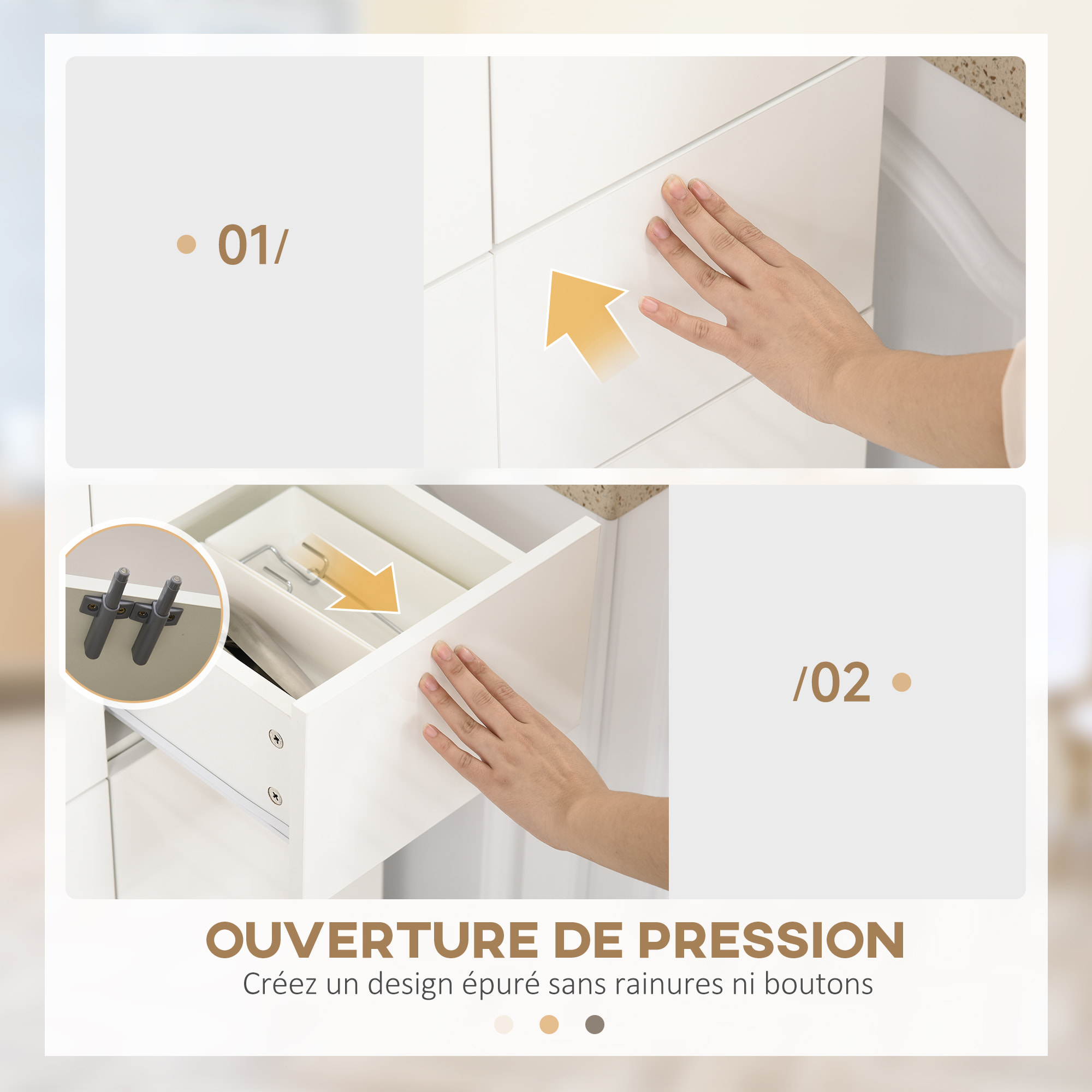 Buffet haut de cuisine blanc laqué style contemporain - 4 portes, 3 étagères réglables, 2 tiroirs