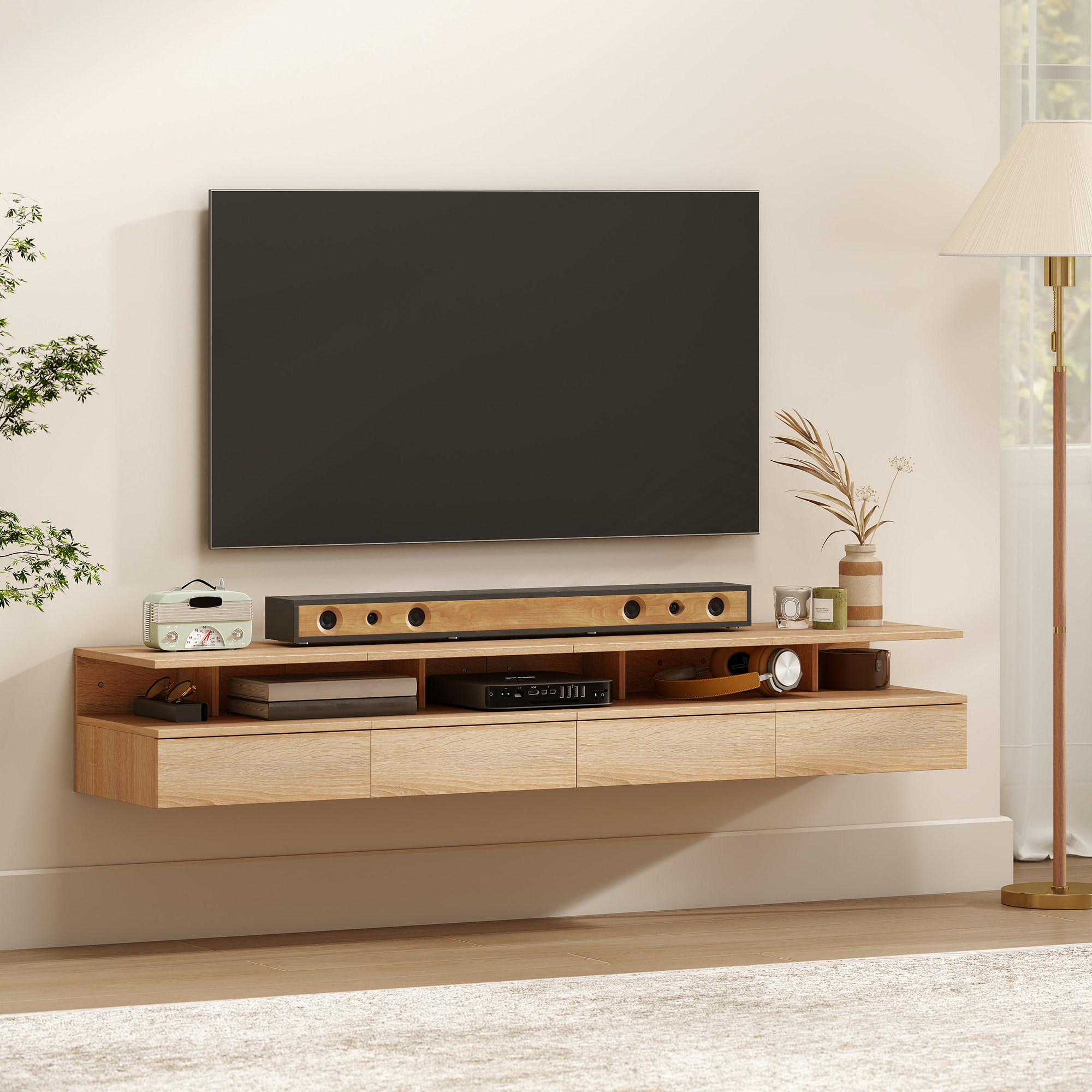 Juego de 2 Mesitas de Noche Flotantes con Cajón, Mesillas de Noche Dormitorio, Montado en la Pared, Estilo Moderno, para Sala de Estar, 35x32x22,5 cm, Roble