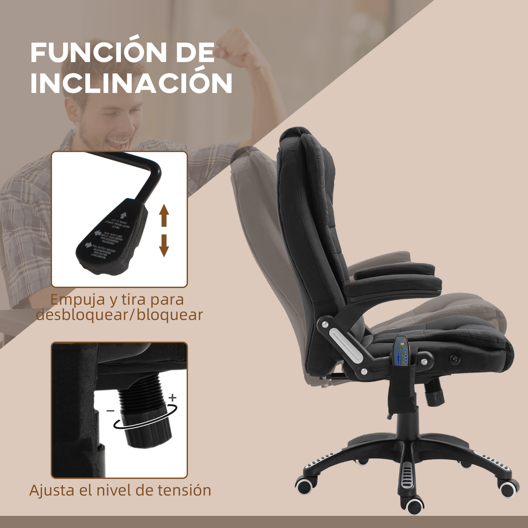 Silla de Masaje con 6 Puntos de Masaje Silla de Escritorio Reclinable hasta 130° con Función de Calefacción Altura Ajustable y Ruedas para Estudio 68x72x110-120 cm Negro