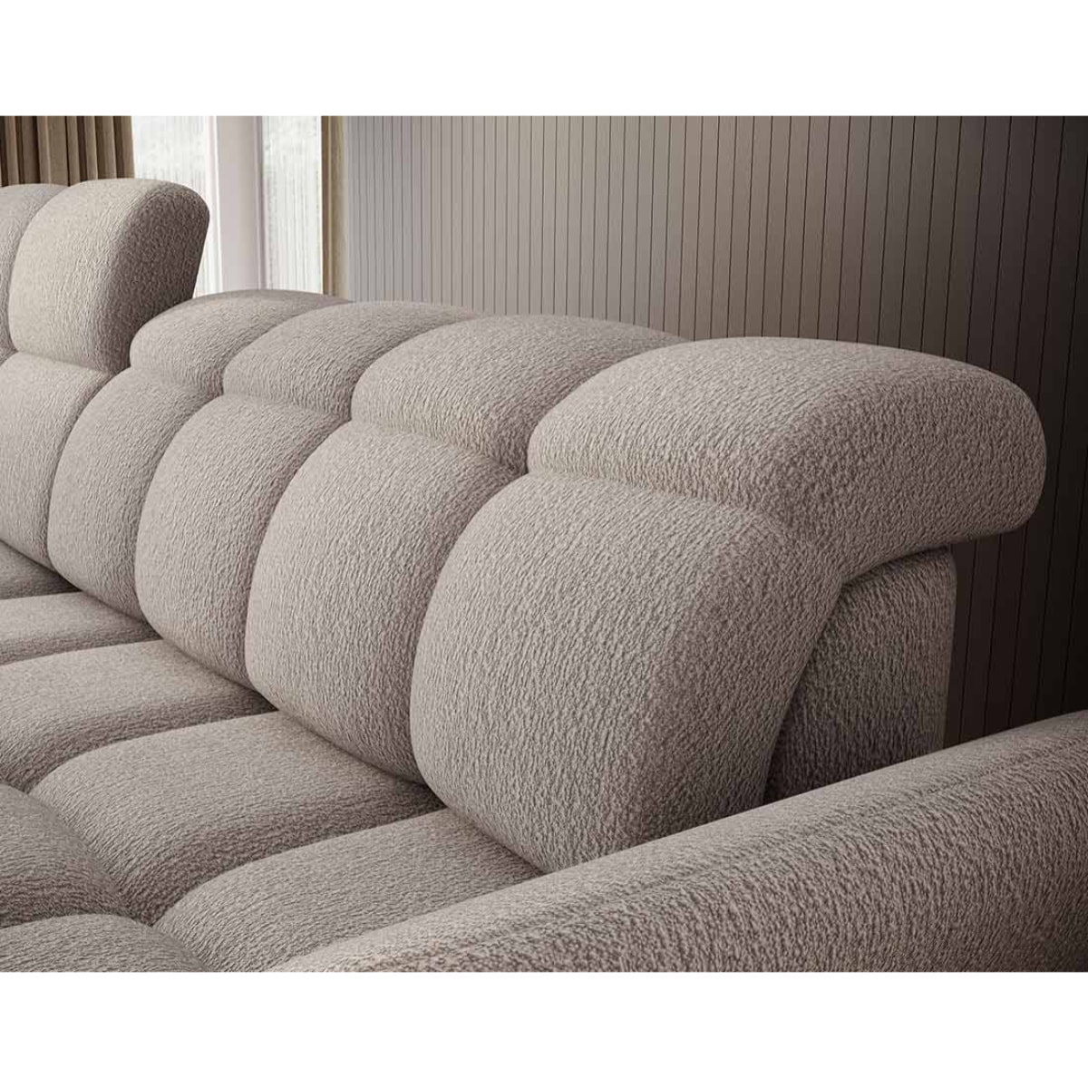 Brume - Canapé d'angle gauche 4 places convertible électrique avec coffre et têtières réglables en tissu bouclette - Beige