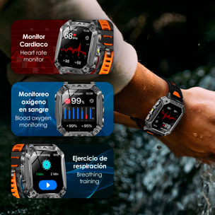 Smartwatch QS86. Con llamadas BT, batería de larga duración, modos de salud y deporte. Linterna y luz roja con aviso SOS sonoro.