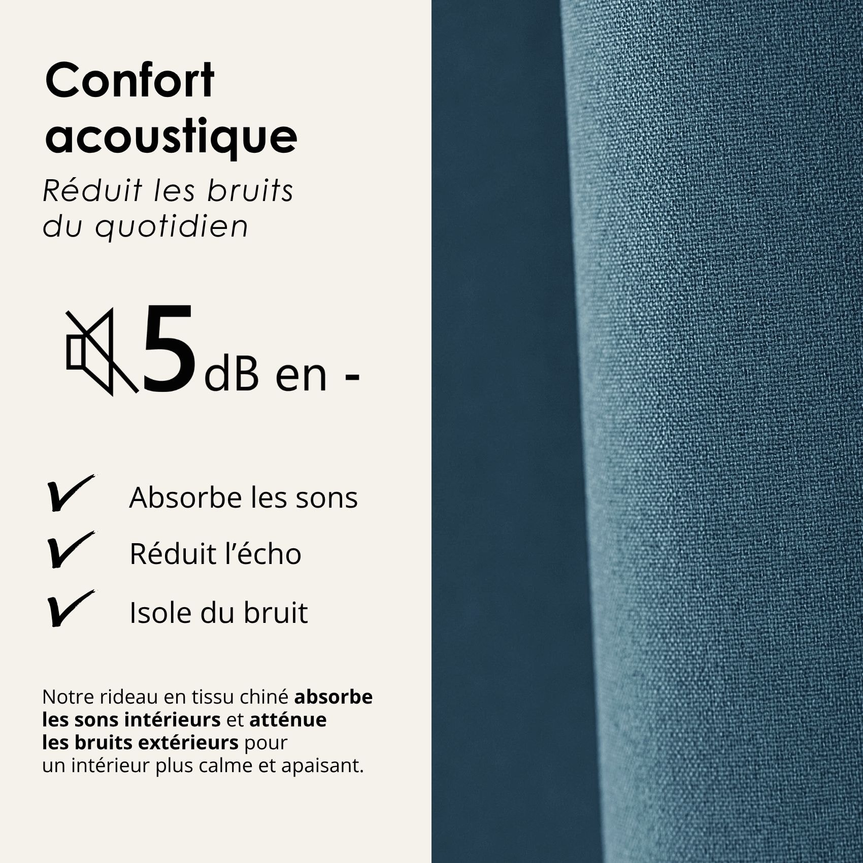Rideau 100% occultant thermique phonique chiné - Bleu Pétrole