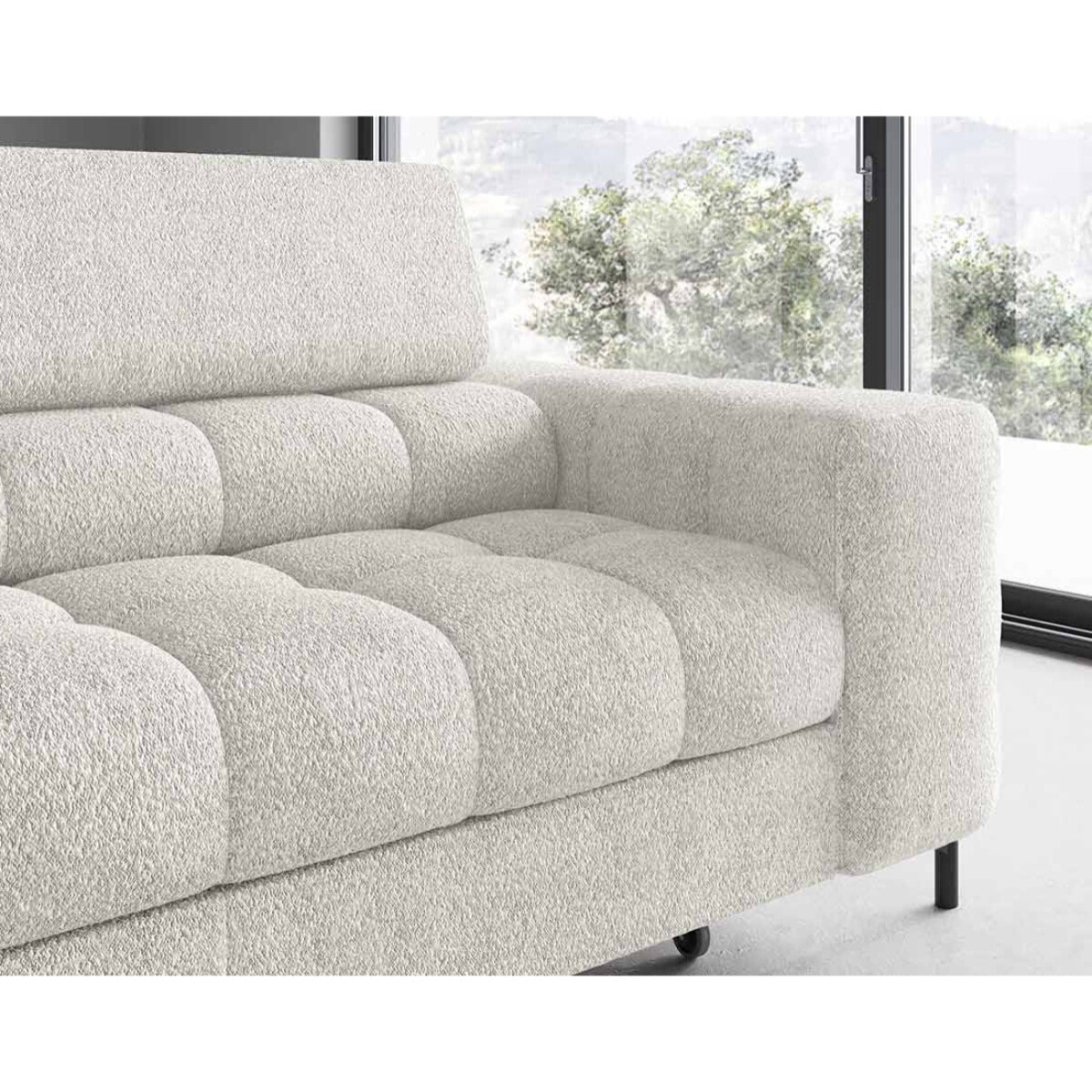 Elisa - canapé d'angle gauche 5 places convertible avec coffre et têtières réglables en tissu bouclette - Blanc