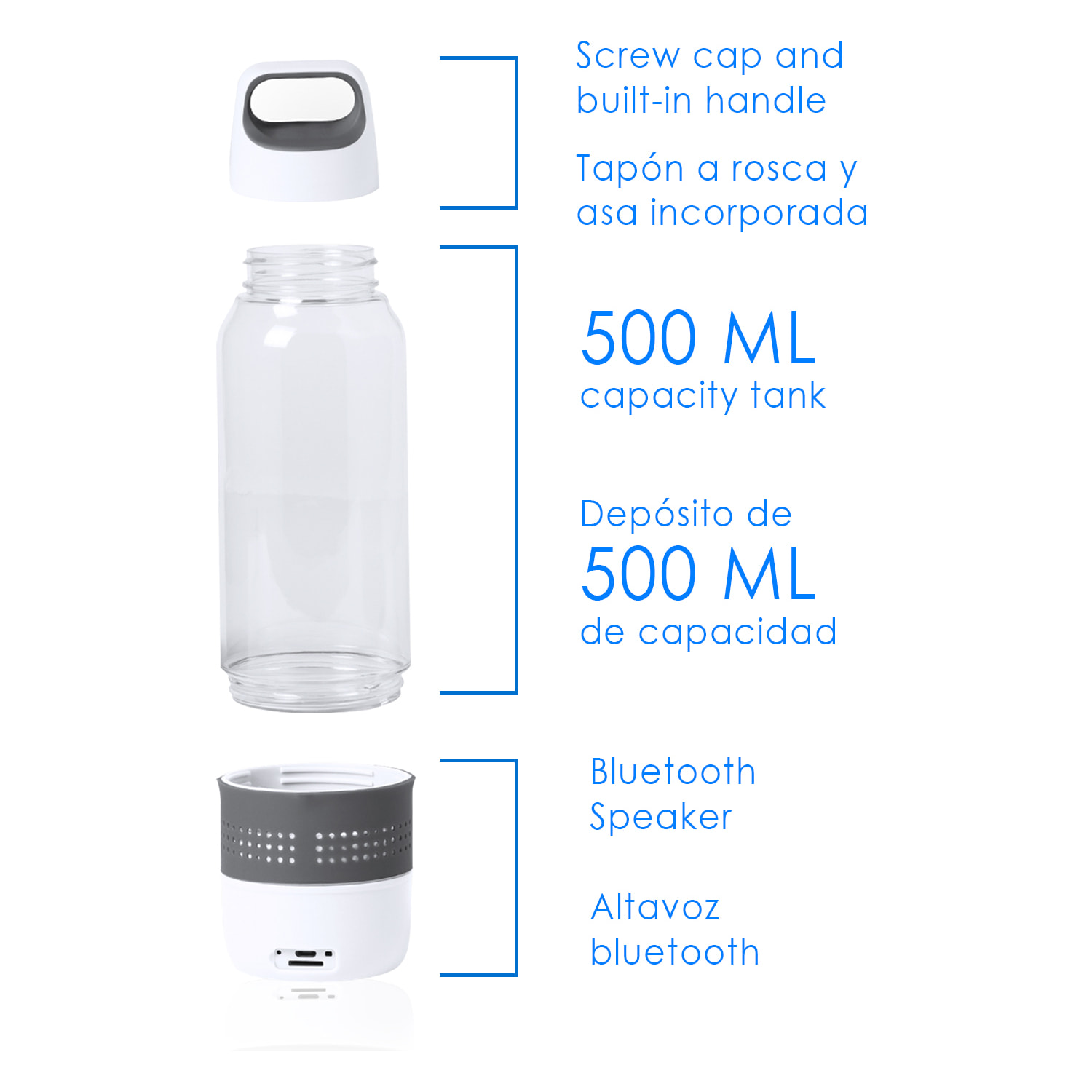 Bidón con Altavoz Padow, 500ml, función de manos libres y lector de micro SD