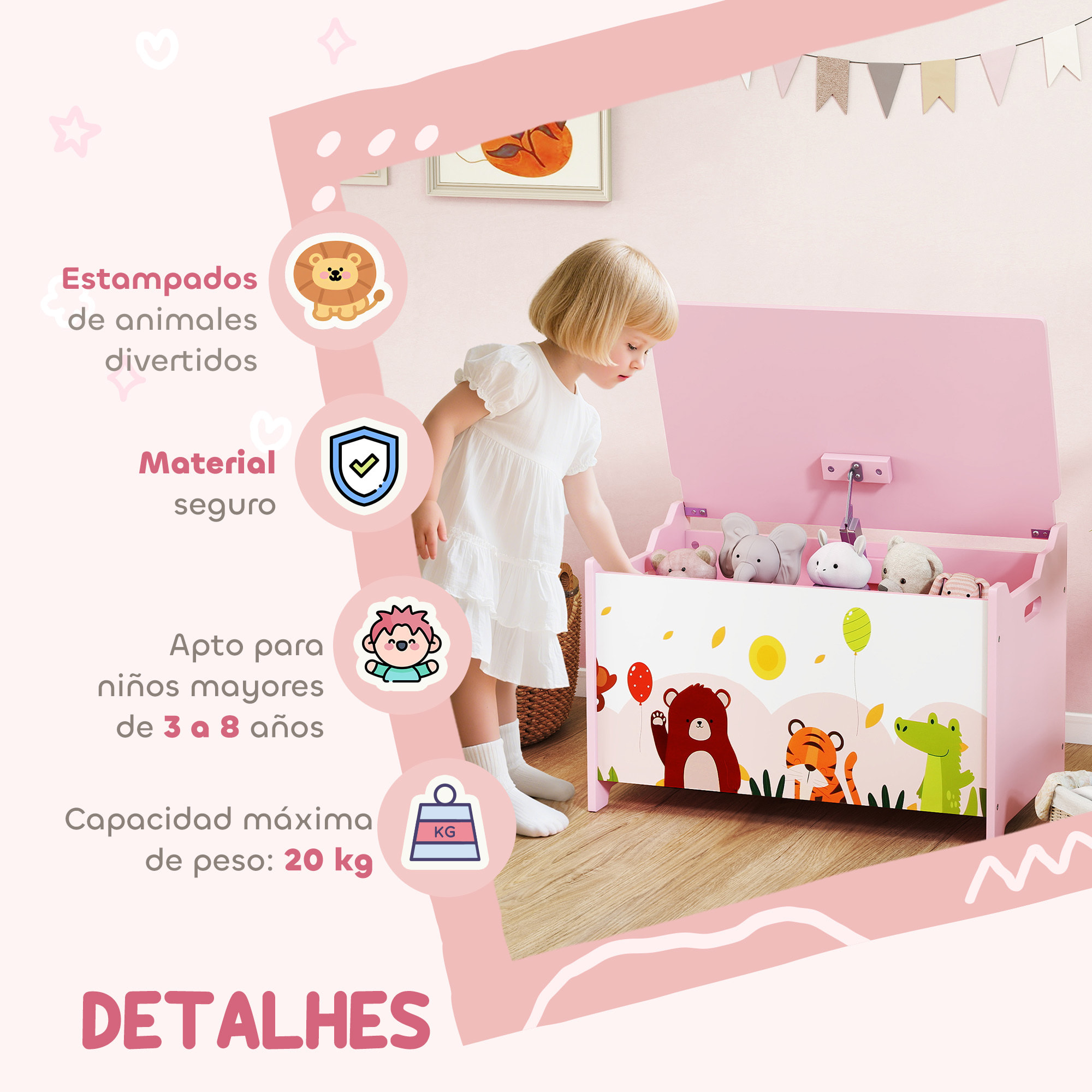 Caja de Almacenaje de Juguetes, Baúl Juguetes Infantil, Tapa Abatible con Cierre Suave, Asas, Estampados de Animales, para Libros, Ropa en Dormitorio, Sala de juegos, Guardería, Rosa