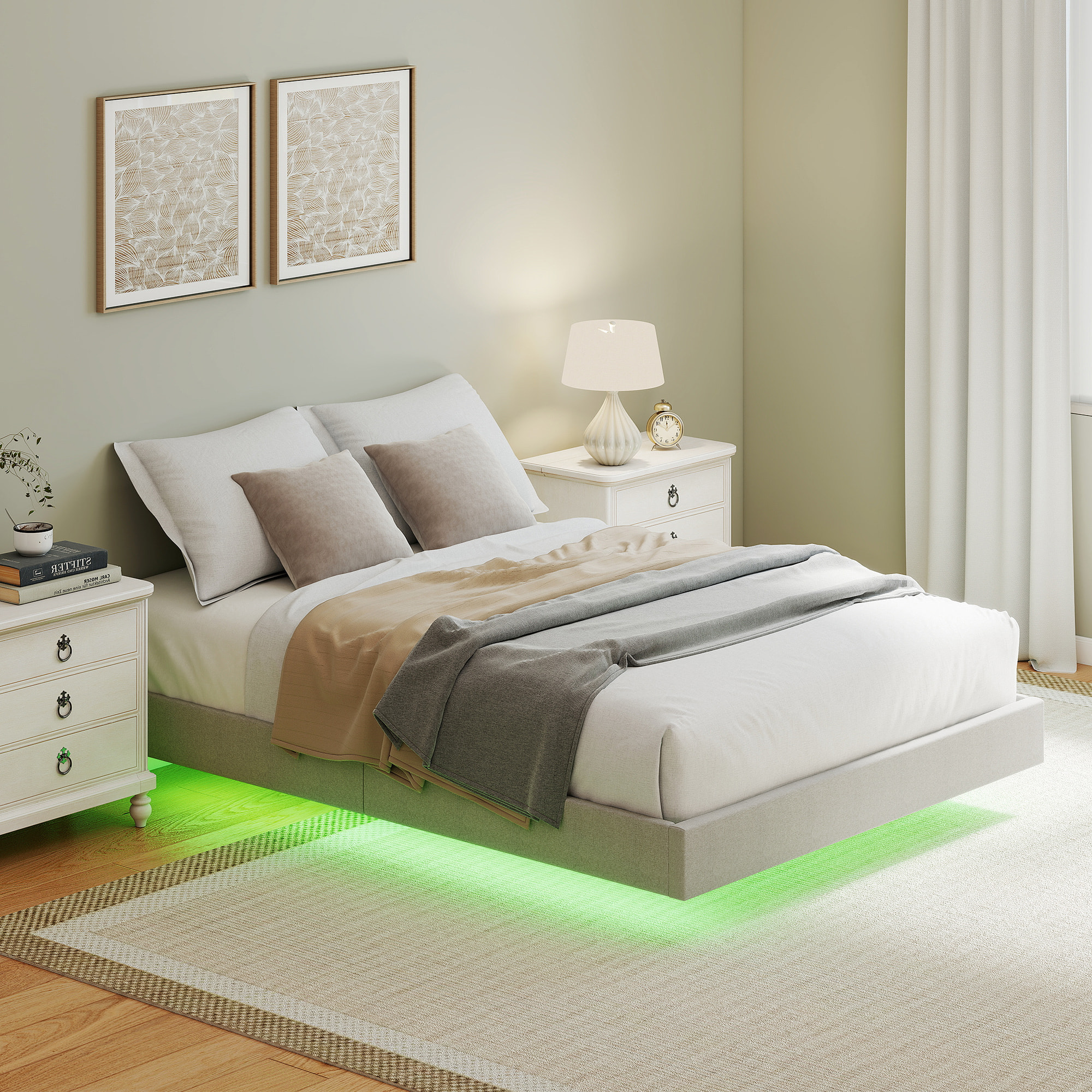 Cadre de lit flottant LED 140x190cm sommier à lattes en bois intégré revêtement tissu beige