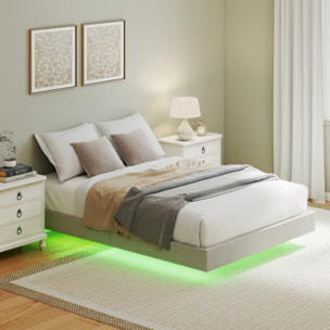 Cadre de lit flottant LED 140x190cm sommier à lattes en bois intégré revêtement tissu beige