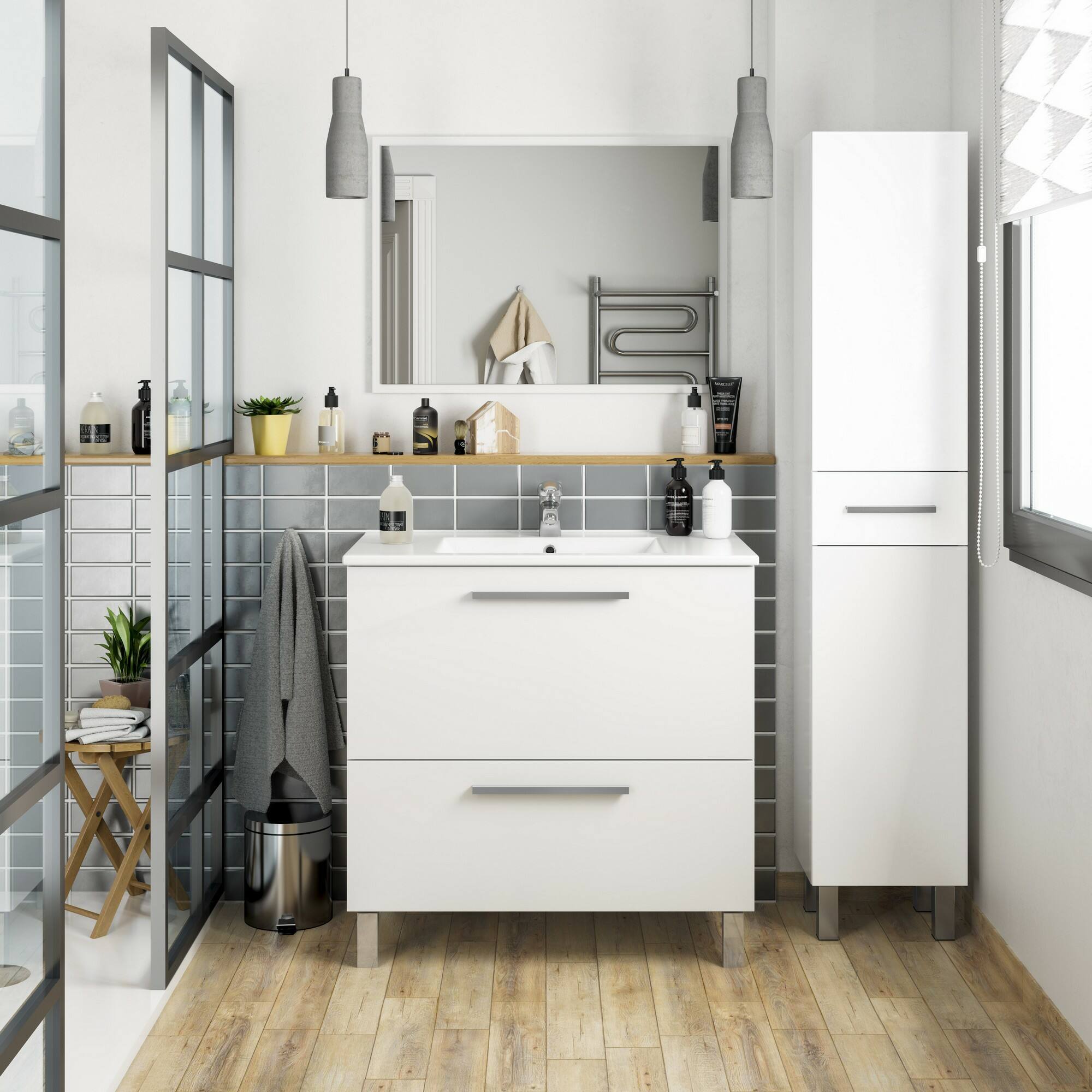 Mobile colonna Alka, Pensile bagno con 2 ante e 1 cassetto, Armadio alto, 35x31h182 cm, Bianco lucido