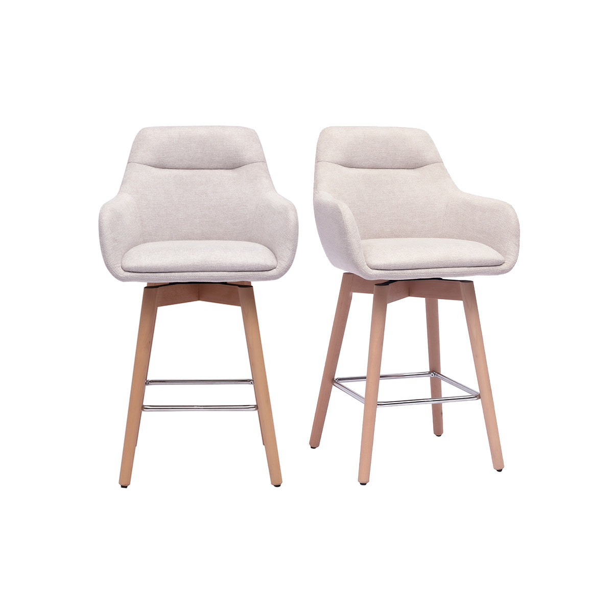 Tabourets de bar scandinaves pivotants 360° en tissu effet velours texturé beige et bois clair H65 cm (lot de 2) ALESS