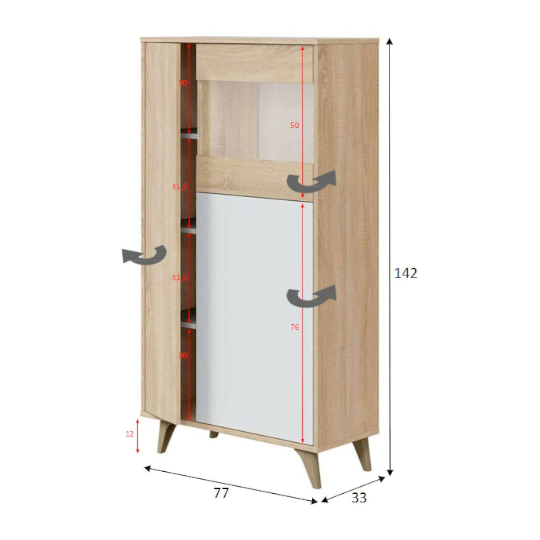 Vetrina Atlanta, Vetrinetta moderna a 3 ante, Credenza da soggiorno o salotto, Madia alta con ripiani, cm 77x33h142, Rovere e Bianco