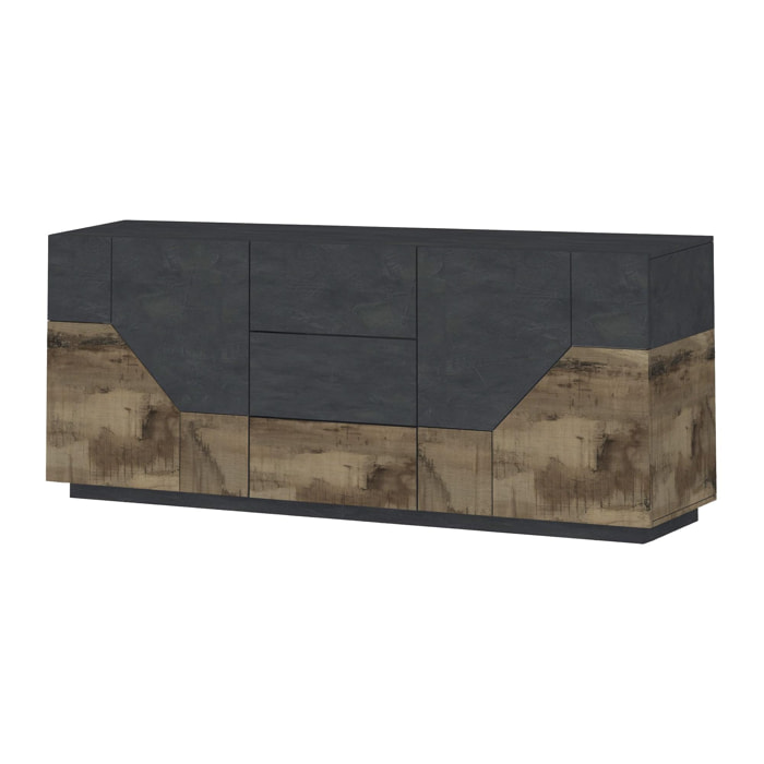 Credenza moderna a 4 ante geometriche e 3 cassetti, Made in Italy, Madia da cucina, Buffet di design da soggiorno, Cm 220x43h86, Ardesia e Acero