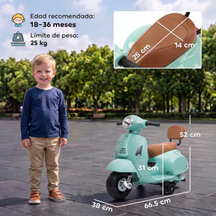 Moto Eléctrica para Niños Licencia Mini Vespa GTS 6V, Moto Eléctrica Infantil con 2 Ruedas Auxiliares, Batería de Litio, Faro, Bocina, Respaldo, 2,5 km/h, Avance y Atrás, 18-36 Meses, Verde