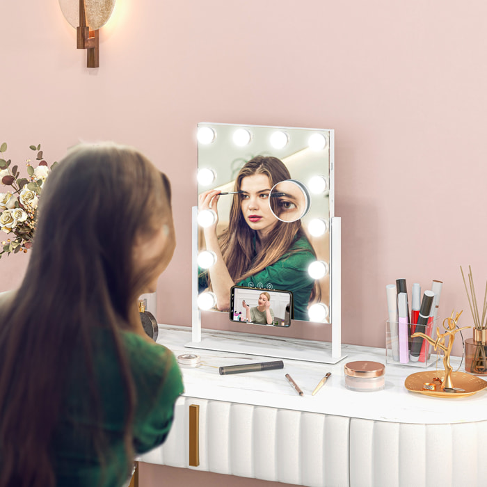 Miroir Hollywood LED rotatif grossissant dim. 36,5 x 45,5 cm 12 ampoules 3 modes luminosité port charge USB