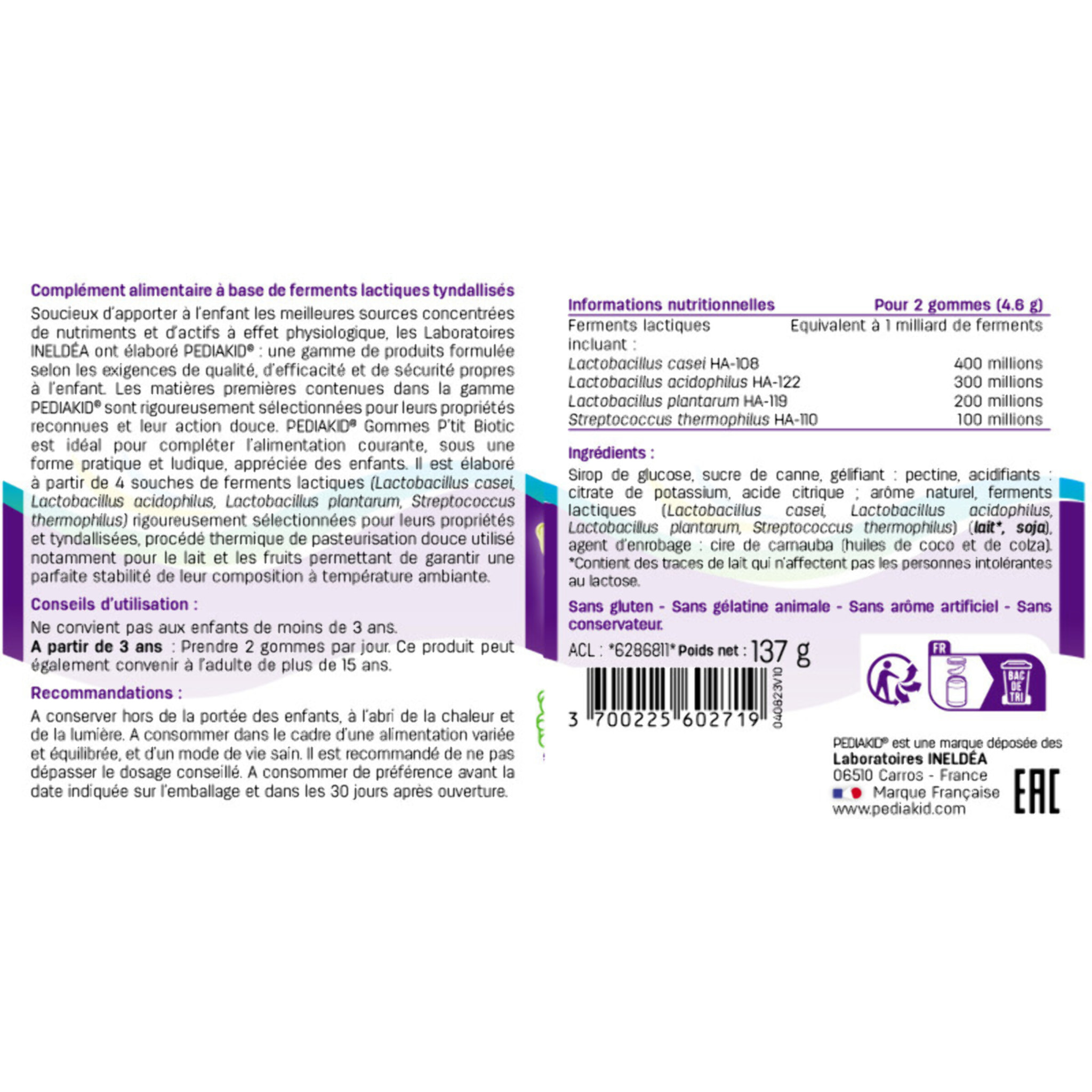PEDIAKID - Gommes P'tit Biotic - Formule Naturelle au Délicieux Arôme de Pomme - Contribue à Enrichir la Flore Intestinale - Soutient les Défenses de l'Organisme - 60 gommes