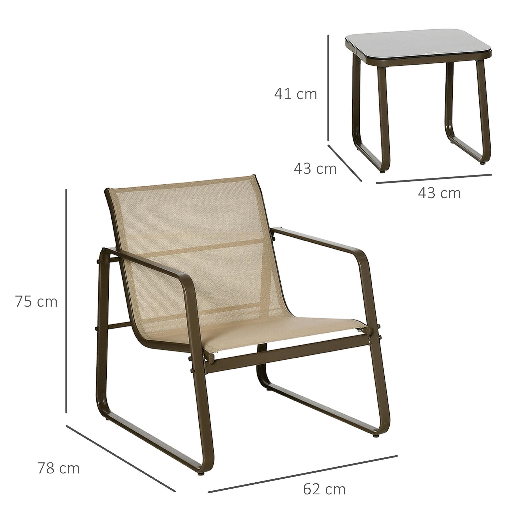 Outsunny Conjunto de Muebles de Jardín 3 Piezas Mesa de Vidrio Templado 43x43x41 cm y 2 Sillas 62x78x75 cm con Reposabrazos y Respaldo Transpirable para Terraza Balcón Caqui