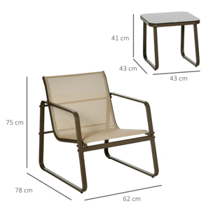 Outsunny Conjunto de Muebles de Jardín 3 Piezas Mesa de Vidrio Templado 43x43x41 cm y 2 Sillas 62x78x75 cm con Reposabrazos y Respaldo Transpirable para Terraza Balcón Caqui