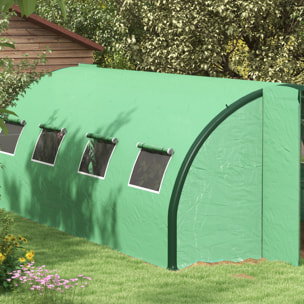 Serre de jardin tunnel 18 m² 8 fenêtres 2 portes articulées acier galvanisé PE haute densité vert