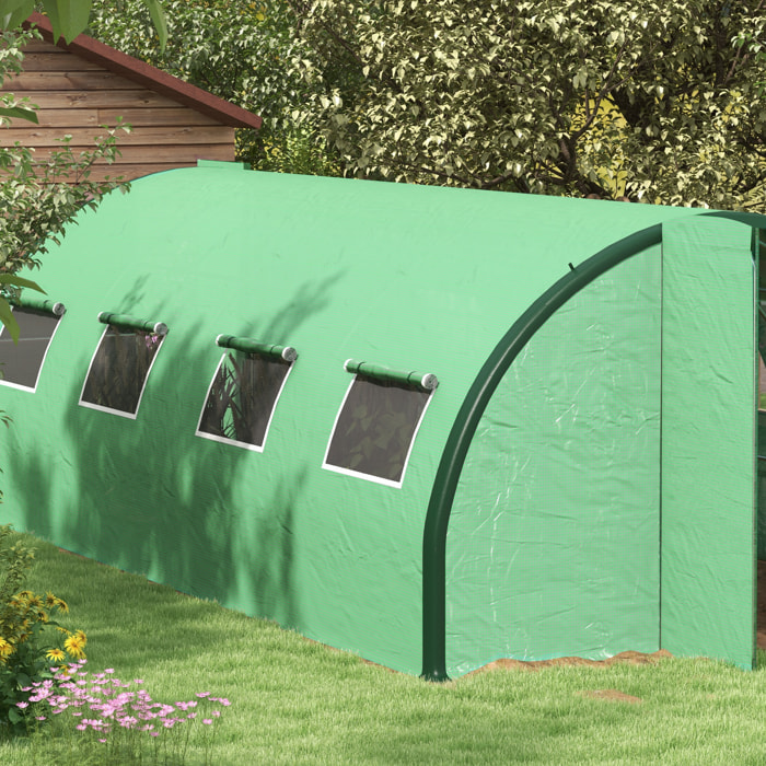 Serre de jardin tunnel 18 m² 8 fenêtres 2 portes articulées acier galvanisé PE haute densité vert