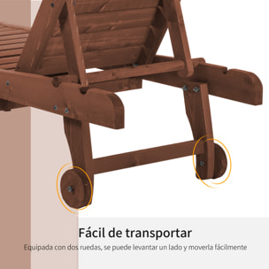 Tumbona de Madera Exterior Silla Reclinable de Jardín con 2 Ruedas Respaldo Ajustable en 3 Niveles y 1 Bandeja Carga 113 kg para Terraza Patio Natural
