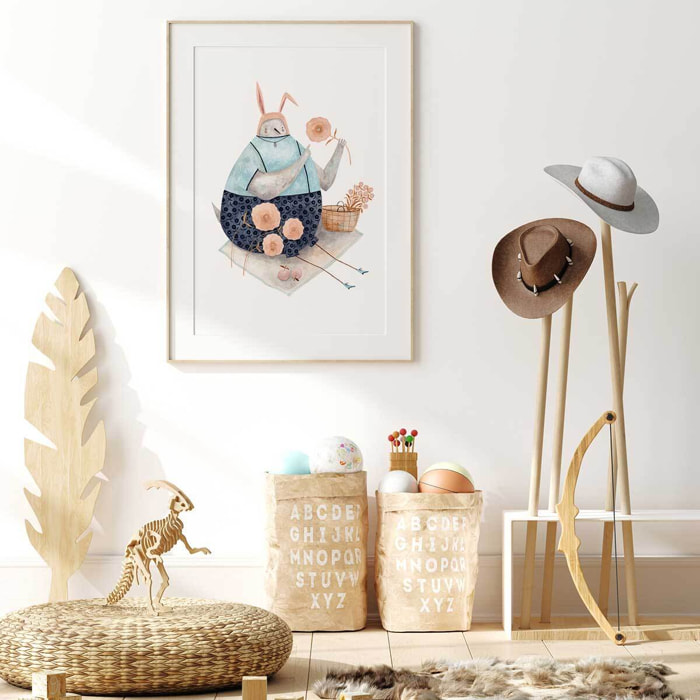 Affiche enfant pigeon aux fleurs  Affiche + cadre en bois - Chêne