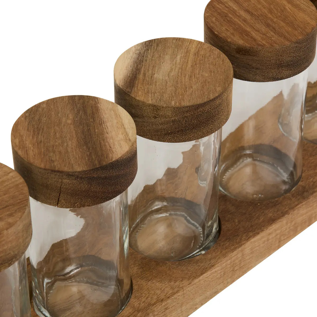 6 pots à épices avec plateau marron