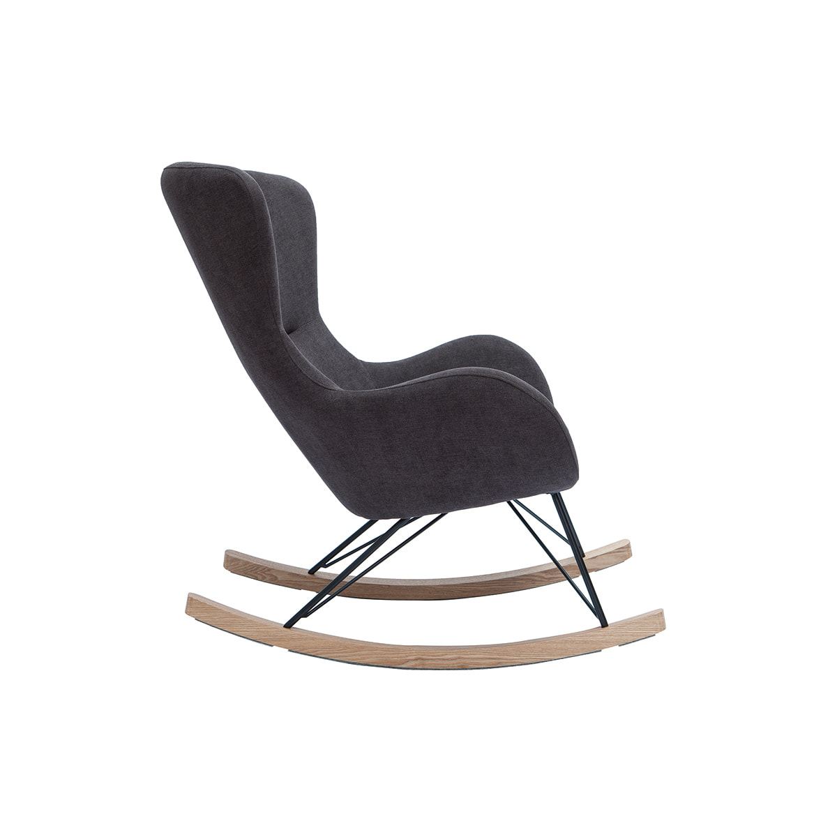 Rocking chair design en tissu effet velours gris foncé, métal noir et bois clair ESKUA