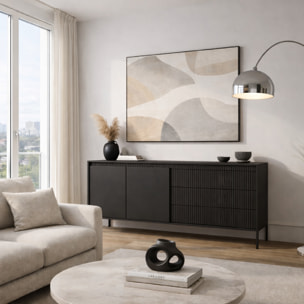 Madia Credenza 2 Ante 3 Cassetti Push To Open Con Ripiani E Vani Mobile Soggiorno Design Moderno Con Piedini In Metallo 187.1 x 81.4 x 39.5 Cm Nero