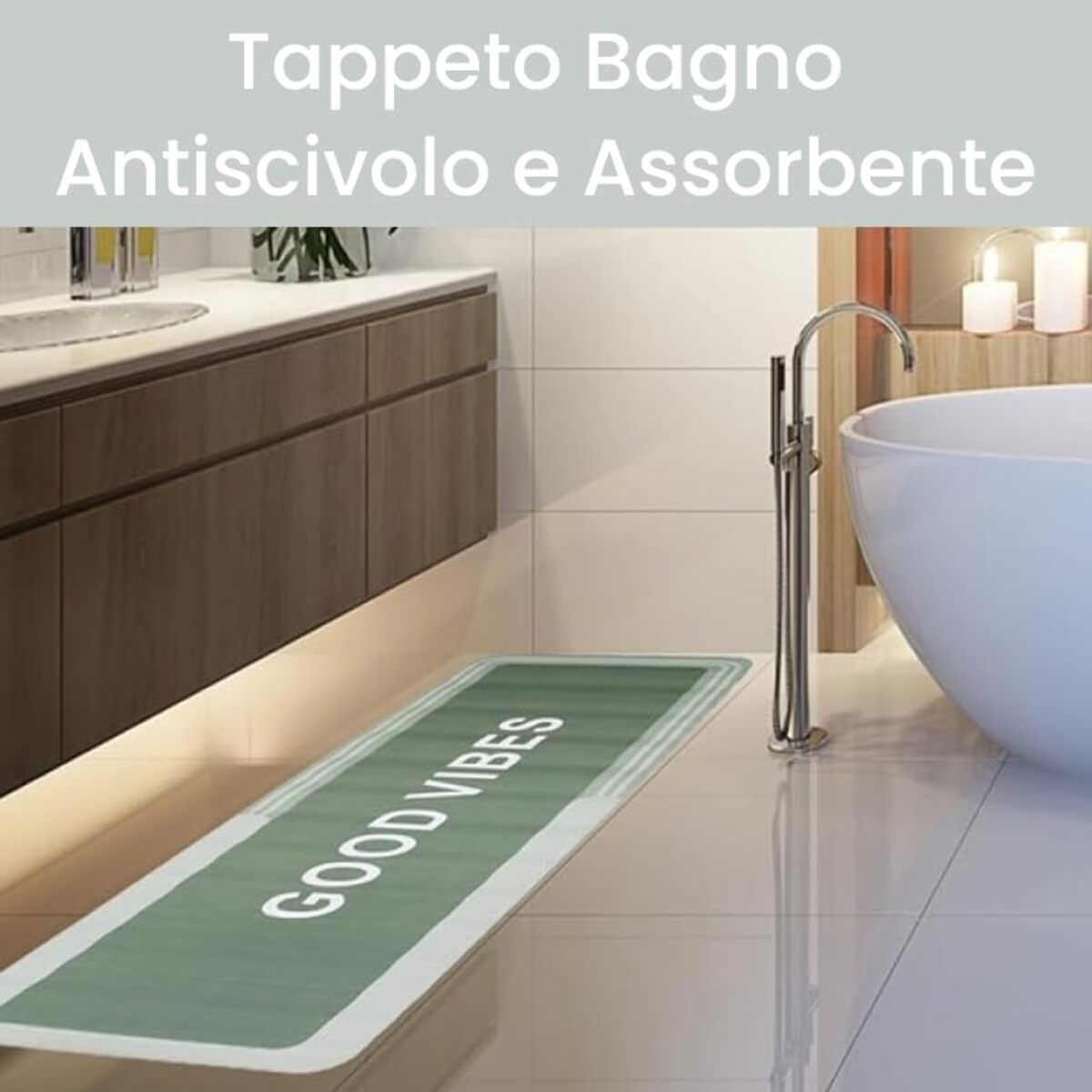 Tappeto Bagno, Tappeto Doccia Antiscivolo, Assorbente, Lavabile, 50x140 cm, Tappetino Magico per Bagno e Cucina. Modello: Good Vibes