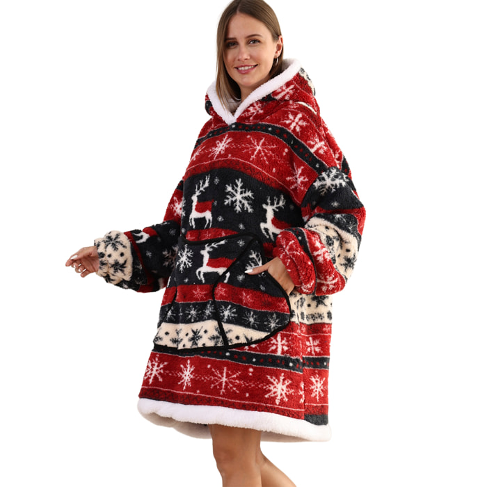 Bata estilo sudadera y manta de felpa extrasuave. Triple bolsillo frontal tipo canguro. Diseño reno navideño tipo corto.