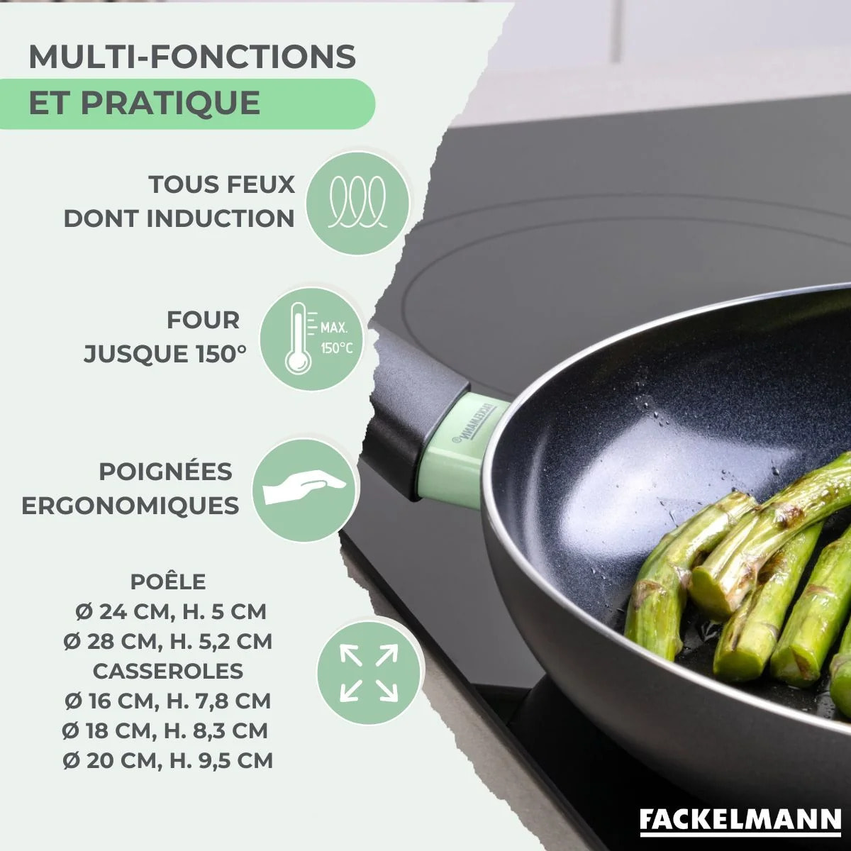 Lot 2 Poêles et 3 Casseroles Fackelmann Brandao avec 5 ustensiles Ocean