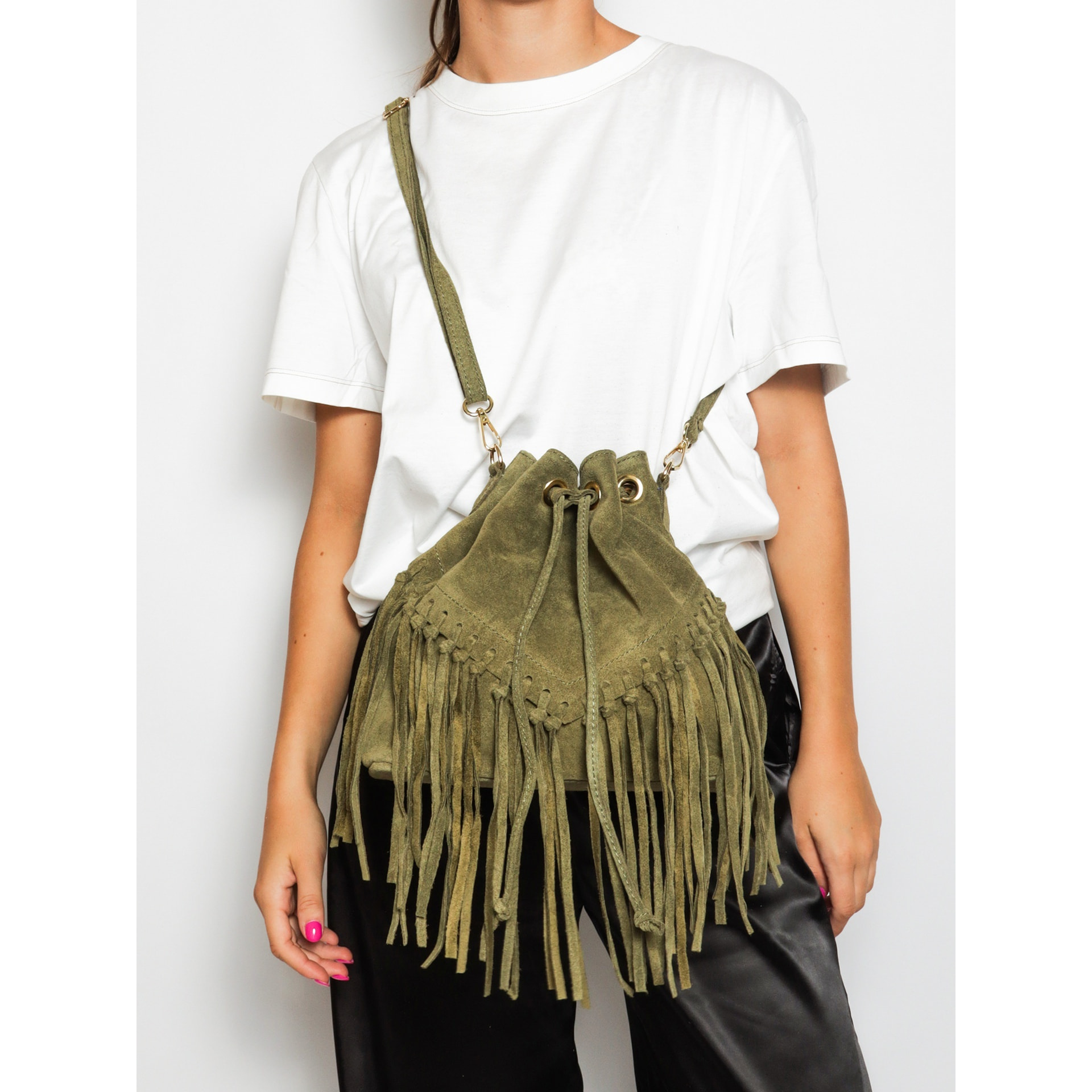 Borsa a secchiello da donna Made in Italy - Modello Umbria Plus - Pelle scamosciata - 25.0 x 22.0 x 13.0 cm