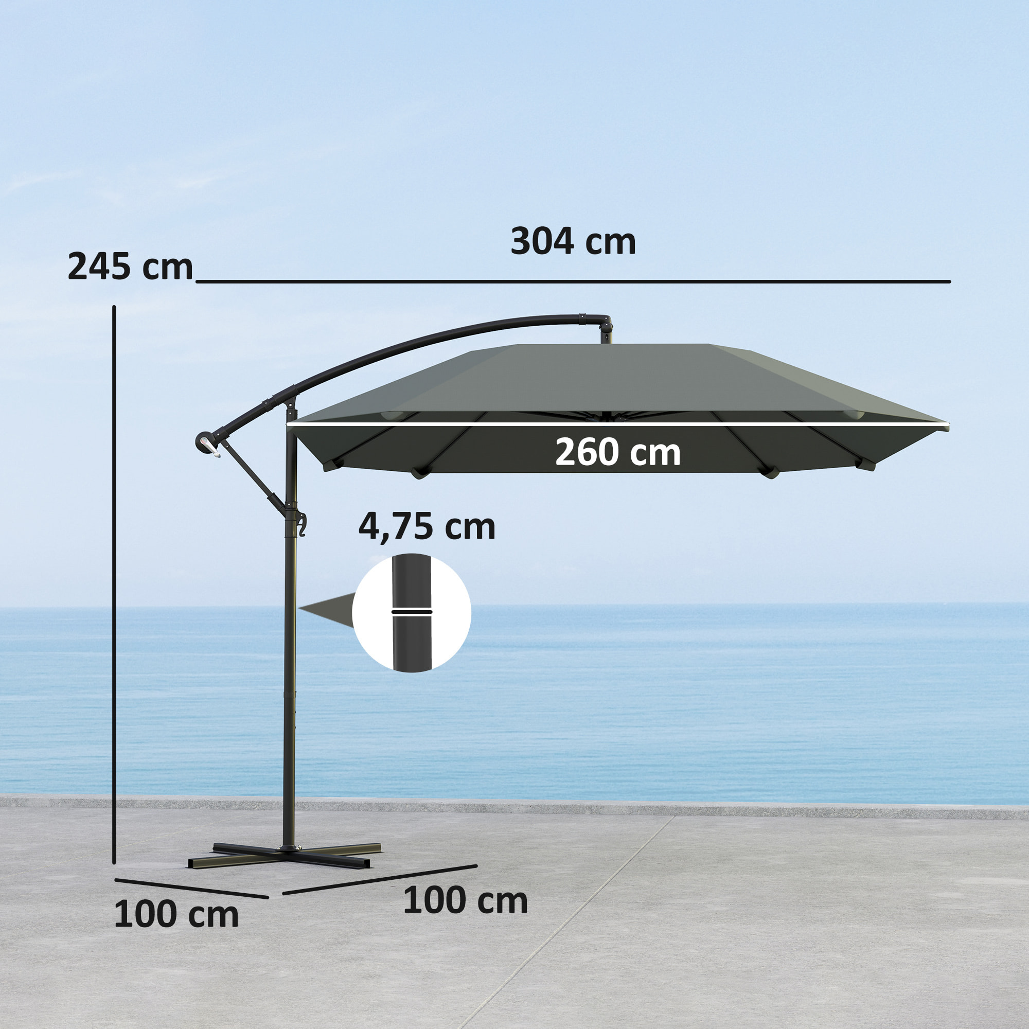 Parasol déporté inclinable 3,04 x 2,6 x 2,45 m métal époxy polyester gris