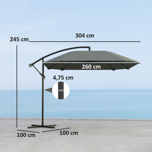 Parasol déporté inclinable 3,04 x 2,6 x 2,45 m métal époxy polyester gris