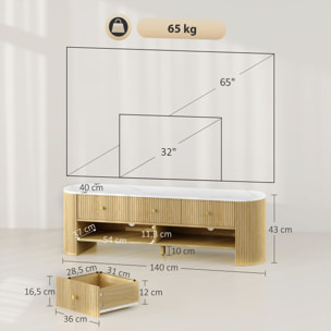 Meuble TV design ovale effet marbre blanc 140 x 40 x 43 cm 3 tiroirs 2 niches aspect bois clair