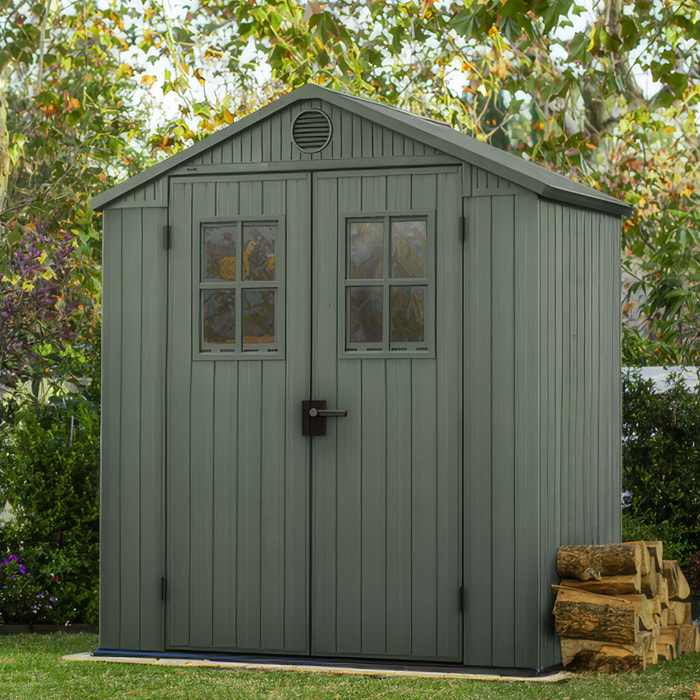 Darwin 6x4 - Casetta da Giardino 190x221x122 cm 2 Ante per deposito attrezzi finitura effetto legno Evotech+ in Resina Verde