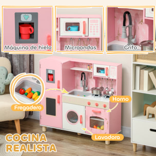 Cocina de Juguete para Niños +3 Años Cocina de Madera Infantil Cocinita Infantil con Sonido Fogón Horno Grifo Fregadero Microondas Lavadora Máquina de Hielo y Accesorios de Cocina Rosa