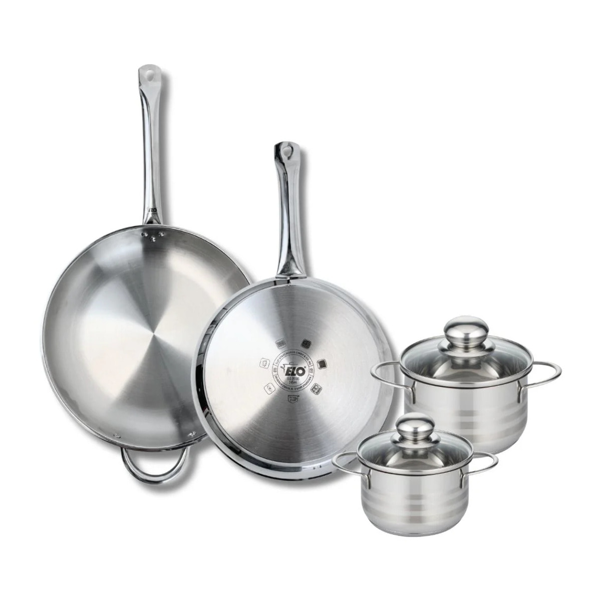 Ensemble de 2 Poêles de cuisson 28 et 32 cm et 2 faitouts 14 et 16 cm Elo Profi Brillant