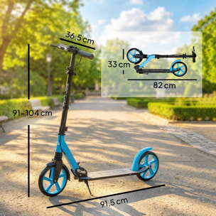 Patinete Plegable para Adultos y Niños de +14 Años Scooter Ligero con Manillar Ajustable Grandes Ruedas Ø200 mm Amortiguador y Freno Aluminio Carga 100 kg 91,5x36,5x91-104 cm Azul