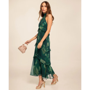 Vestido midi con escote halter y volantes