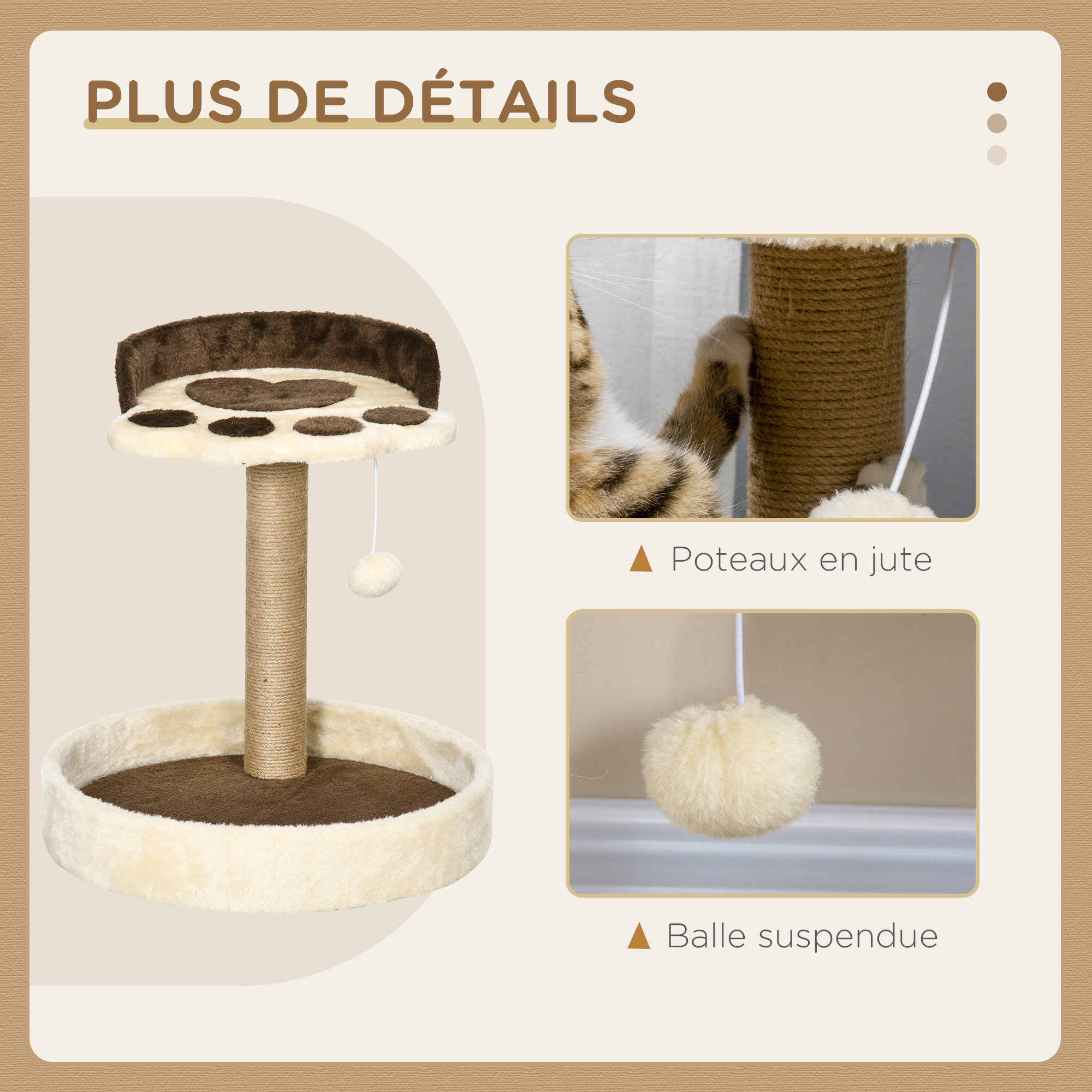 Arbre à chat griffoir design patte de chat jeu boule suspendue panier plateforme observation peluche beige marron jute naturelle