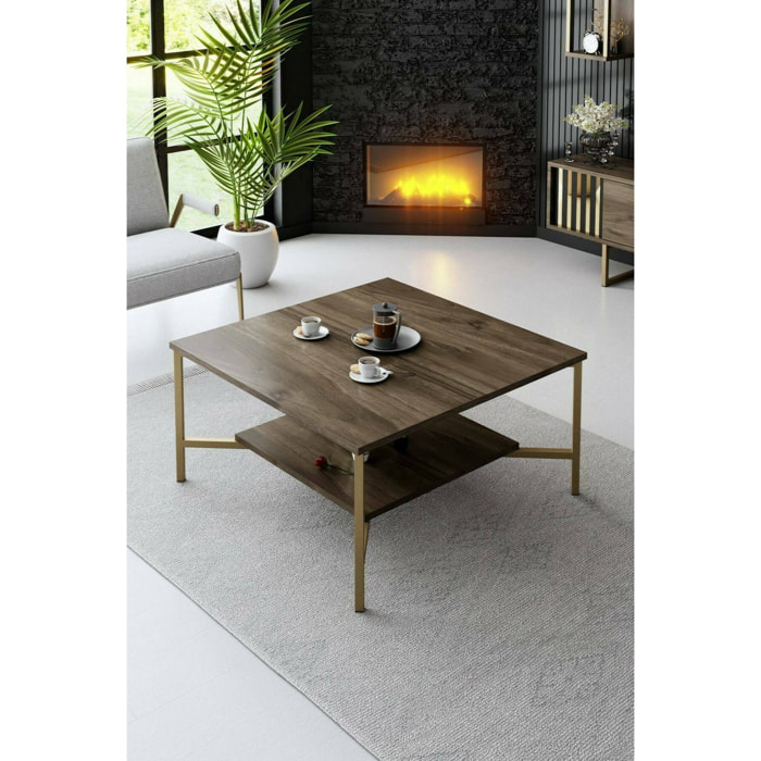 Tavolino da salotto Mia, Tavolo basso da caffè, Portariviste per divano, Ripiano da soggiorno, 80x80h40 cm, Noce e Nero