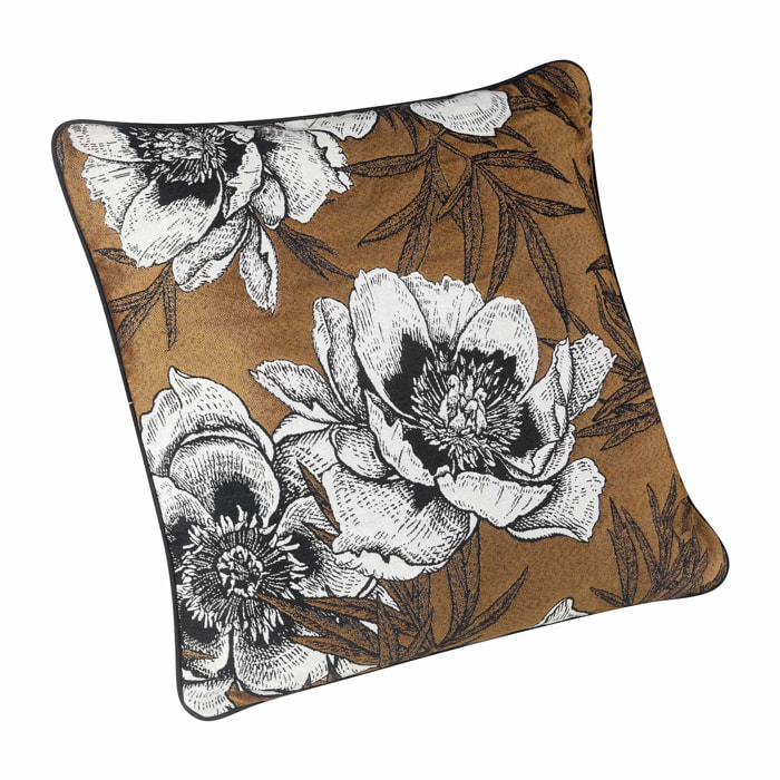 Coussin passepoilé aux impressions florales - Jaune moutarde
