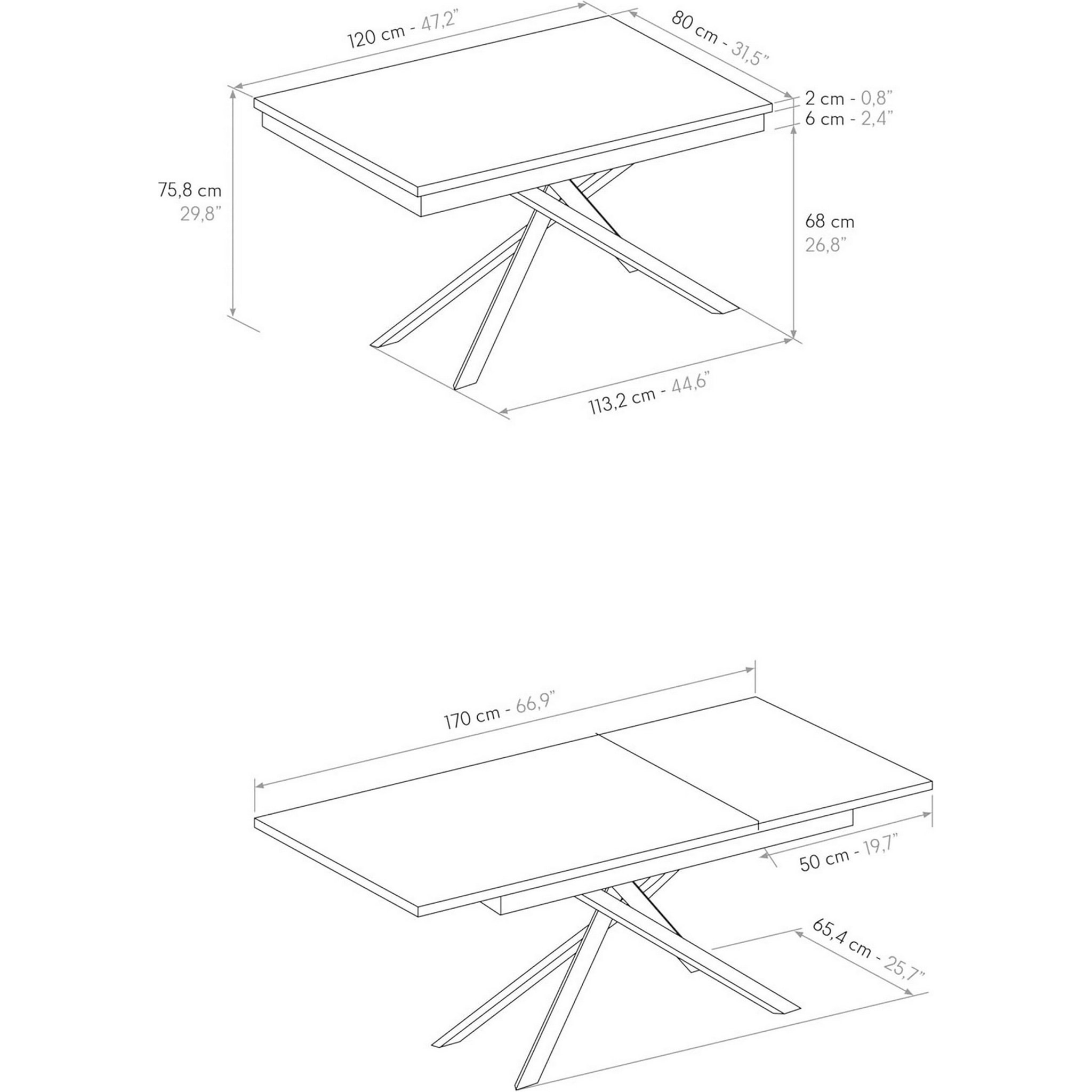 Tavolo VOLPAIA in legno, finitura rovere rustico e base in metallo verniciato bianco, allungabile 120x80 cm - 170x80 cm