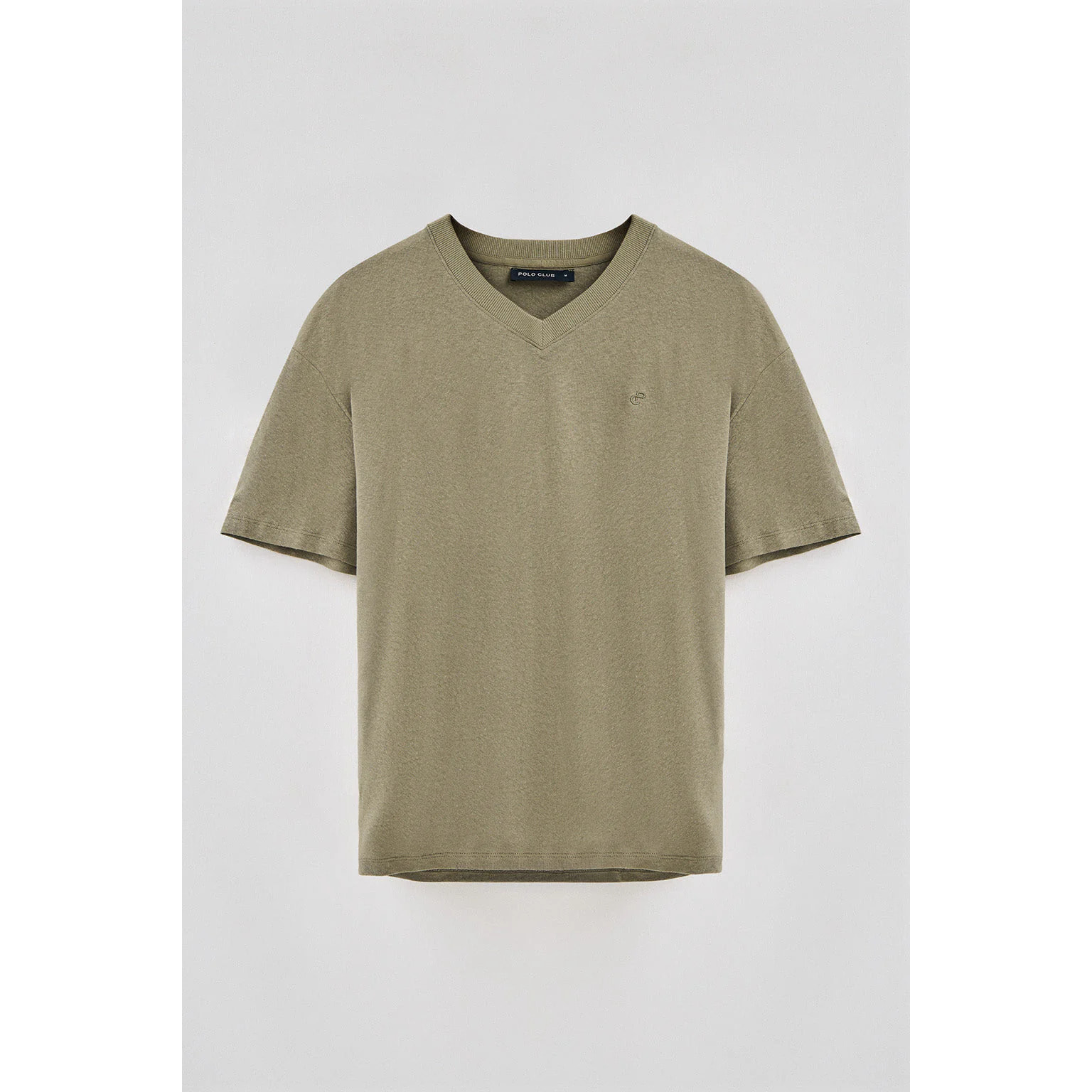 Camiseta verde en lino y algodón de cuello en pico y monograma bordado