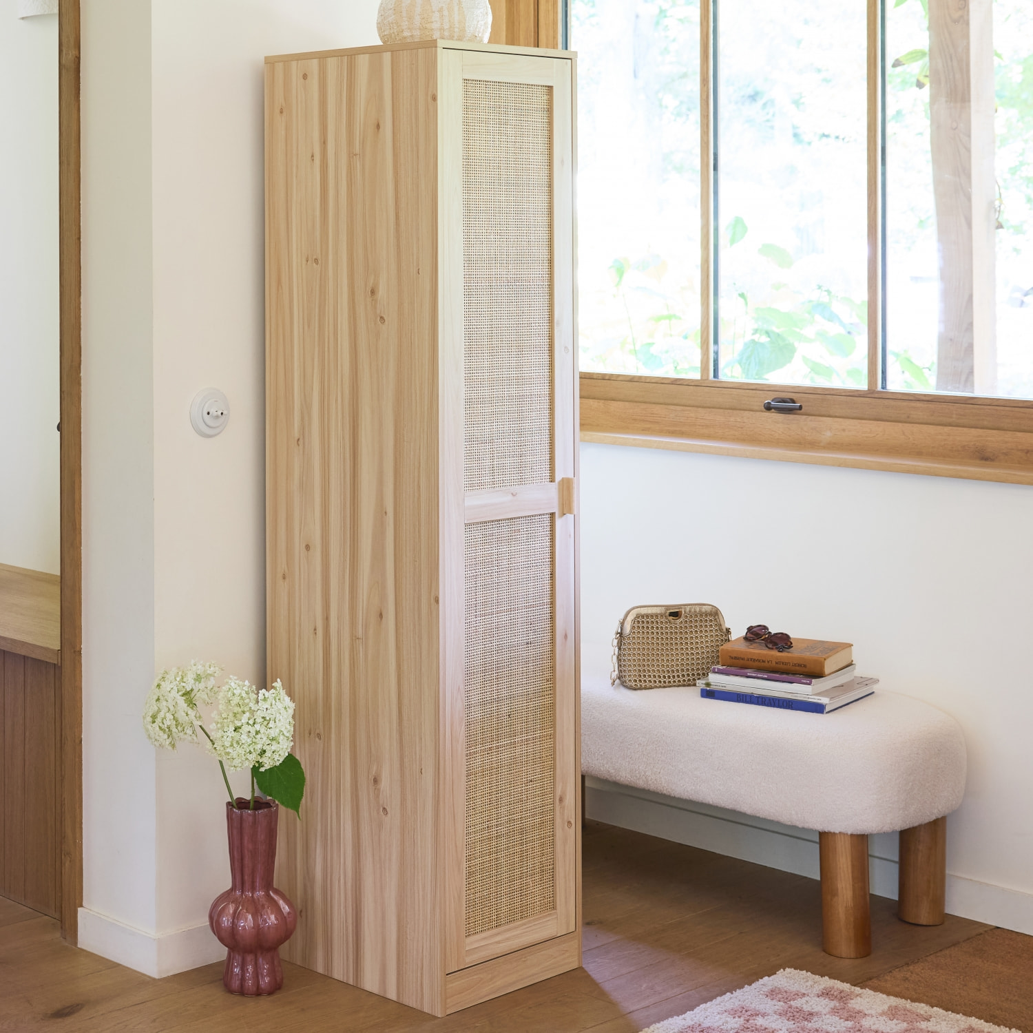 Armoire dressing cannage et effet bois. garde-robe 1 porte. 5 étagères H180cm