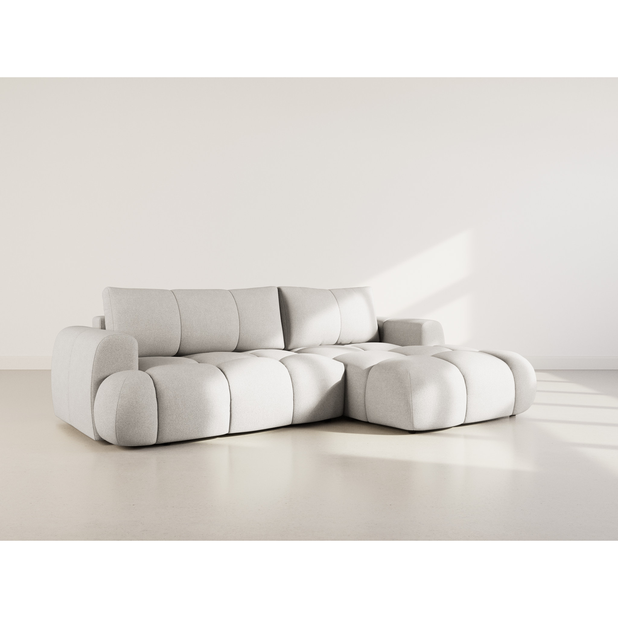 Yulin - Canapé d'angle droit 4 places convertible avec coffre en tissu bouclette - Gris clair