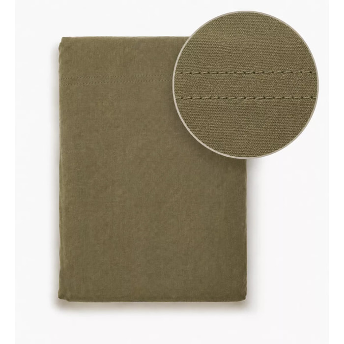 Drap plat gaze de coton lavé uni vert Malia kaki
