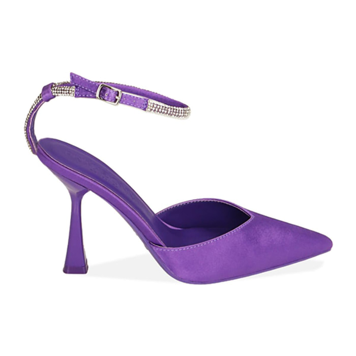 Décolleté slingback viola in raso, tacco 9,5 cm